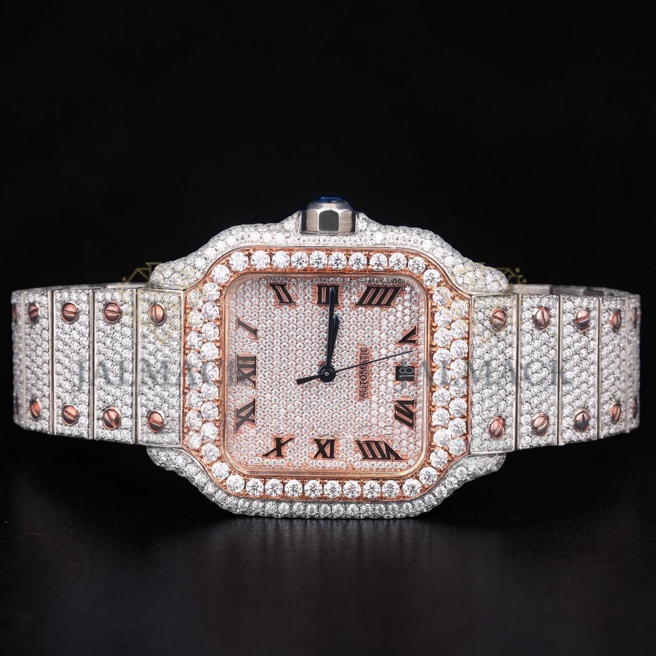 Luxury Two-Tone Roman Moissanite Automatic Date Watch VVS1 D Color Fully Iced Out