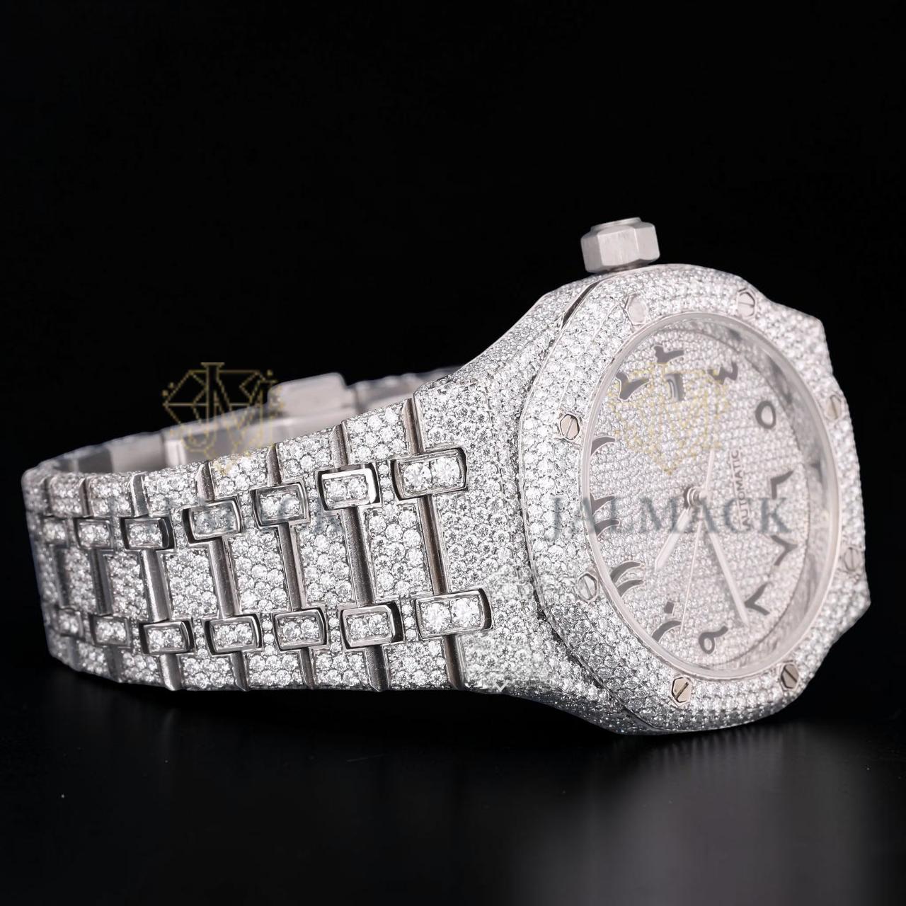 Luxury Silver Moissanite Automatic Watch VVS1 D Color Fully Iced Out