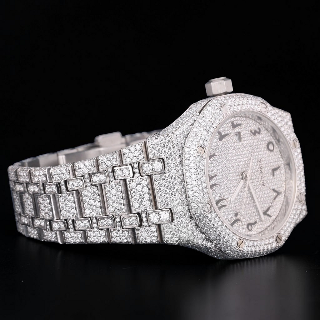 Luxury Silver Moissanite Automatic Watch VVS1 D Color Fully Iced Out