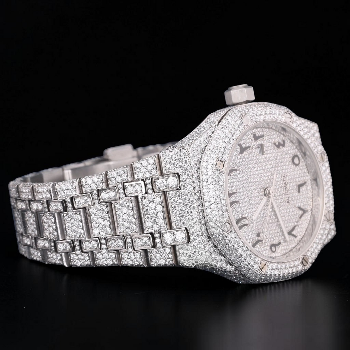 Luxury Silver Moissanite Automatic Watch VVS1 D Color Fully Iced Out
