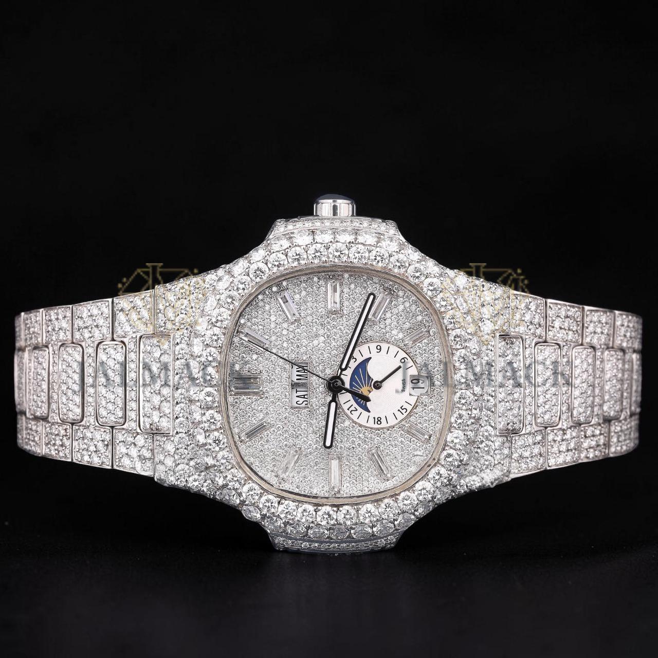 Luxury Silver Baguette Moissanite Moonphase Automatic Watch