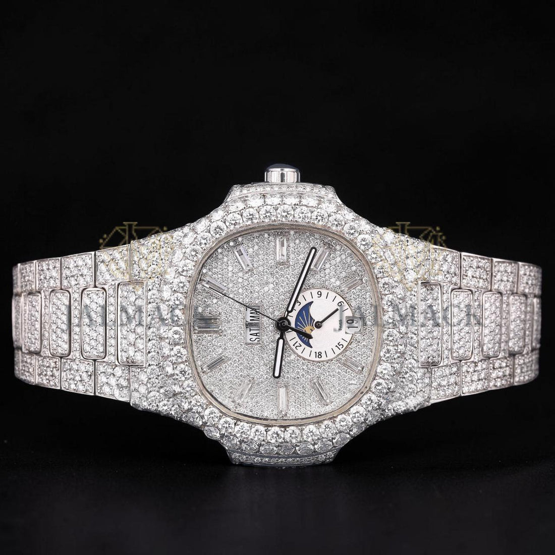 Luxury Silver Baguette Moissanite Moonphase Automatic Watch
