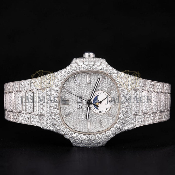 Luxury Silver Baguette Moissanite Moonphase Automatic Watch