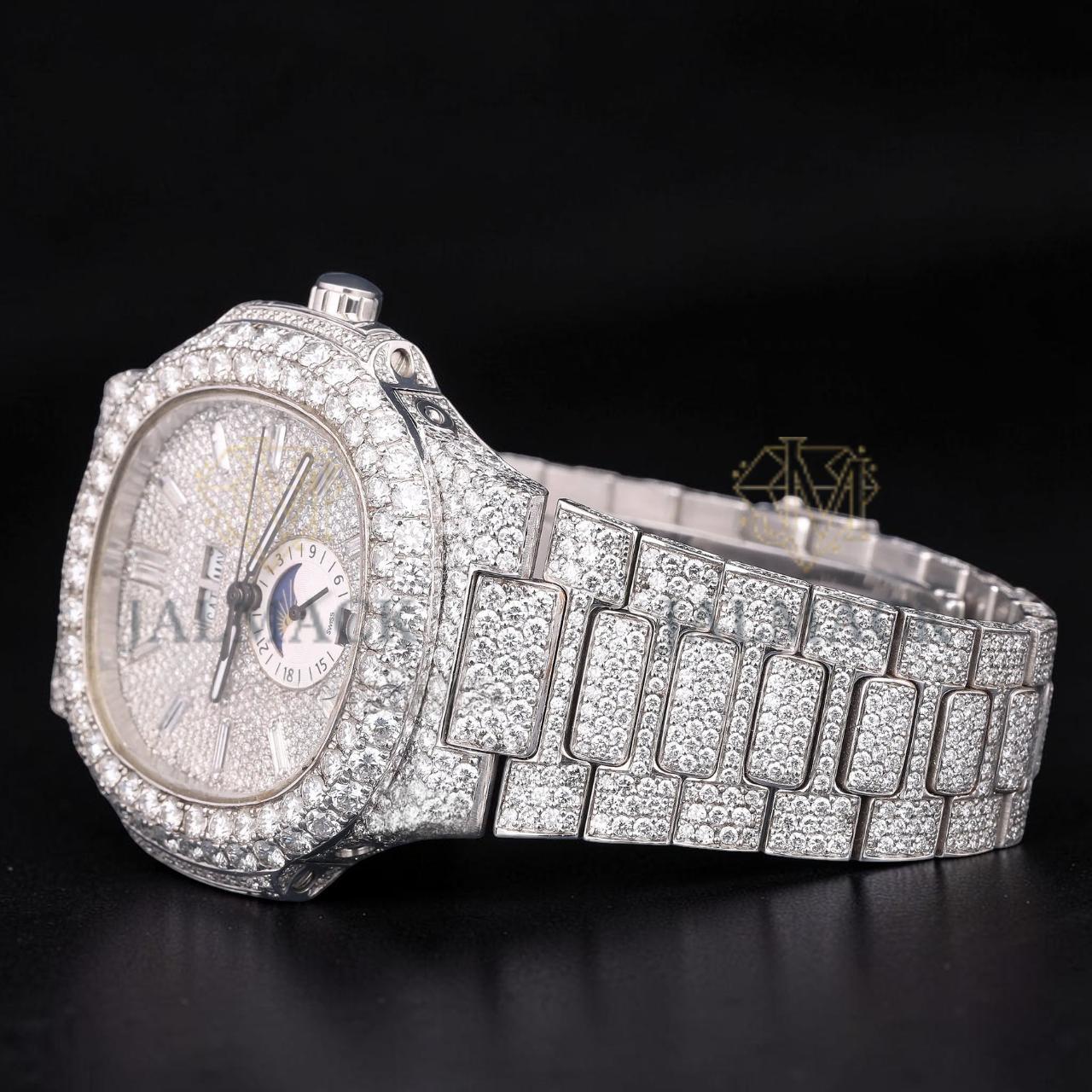Luxury Silver Baguette Moissanite Moonphase Automatic Watch