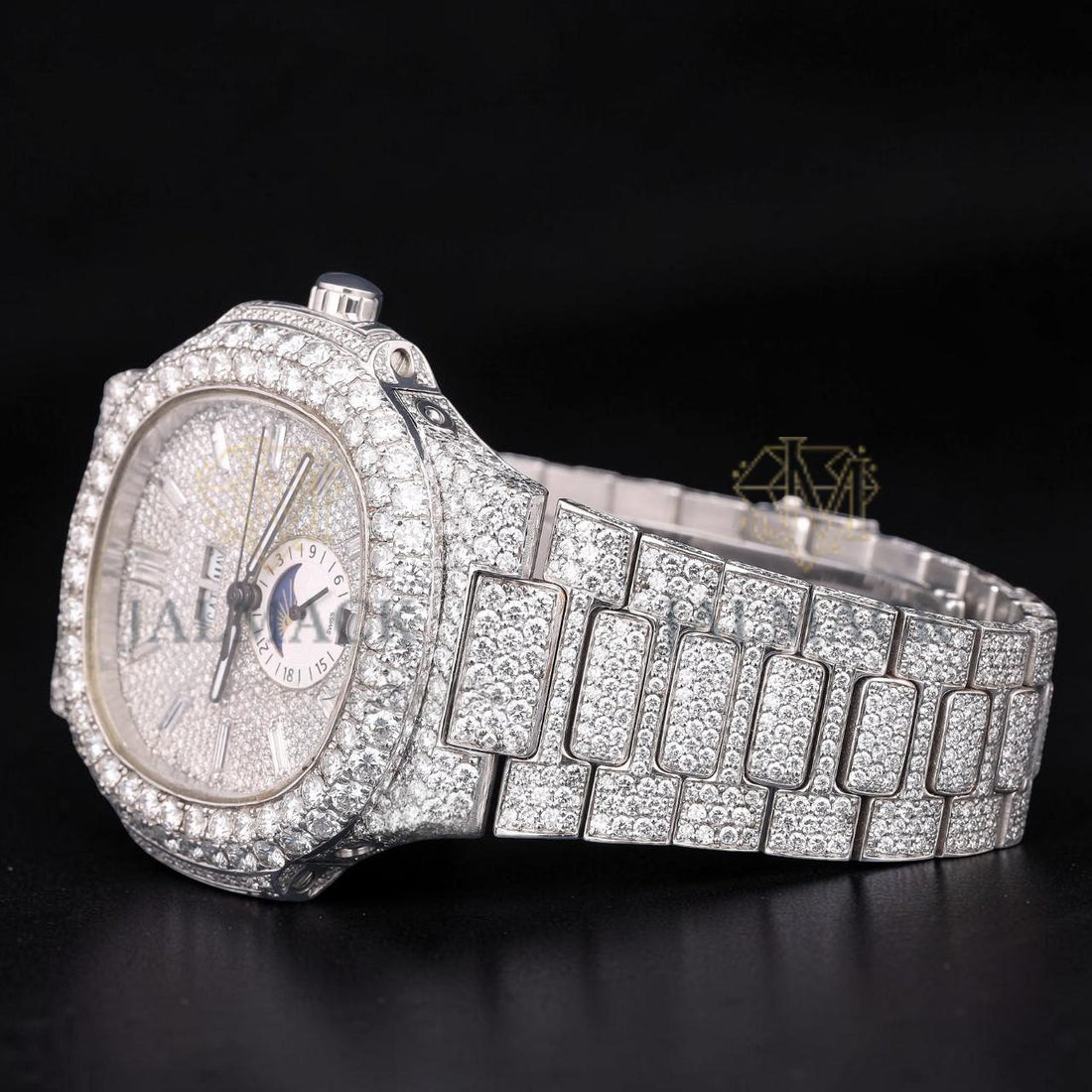 Luxury Silver Baguette Moissanite Moonphase Automatic Watch