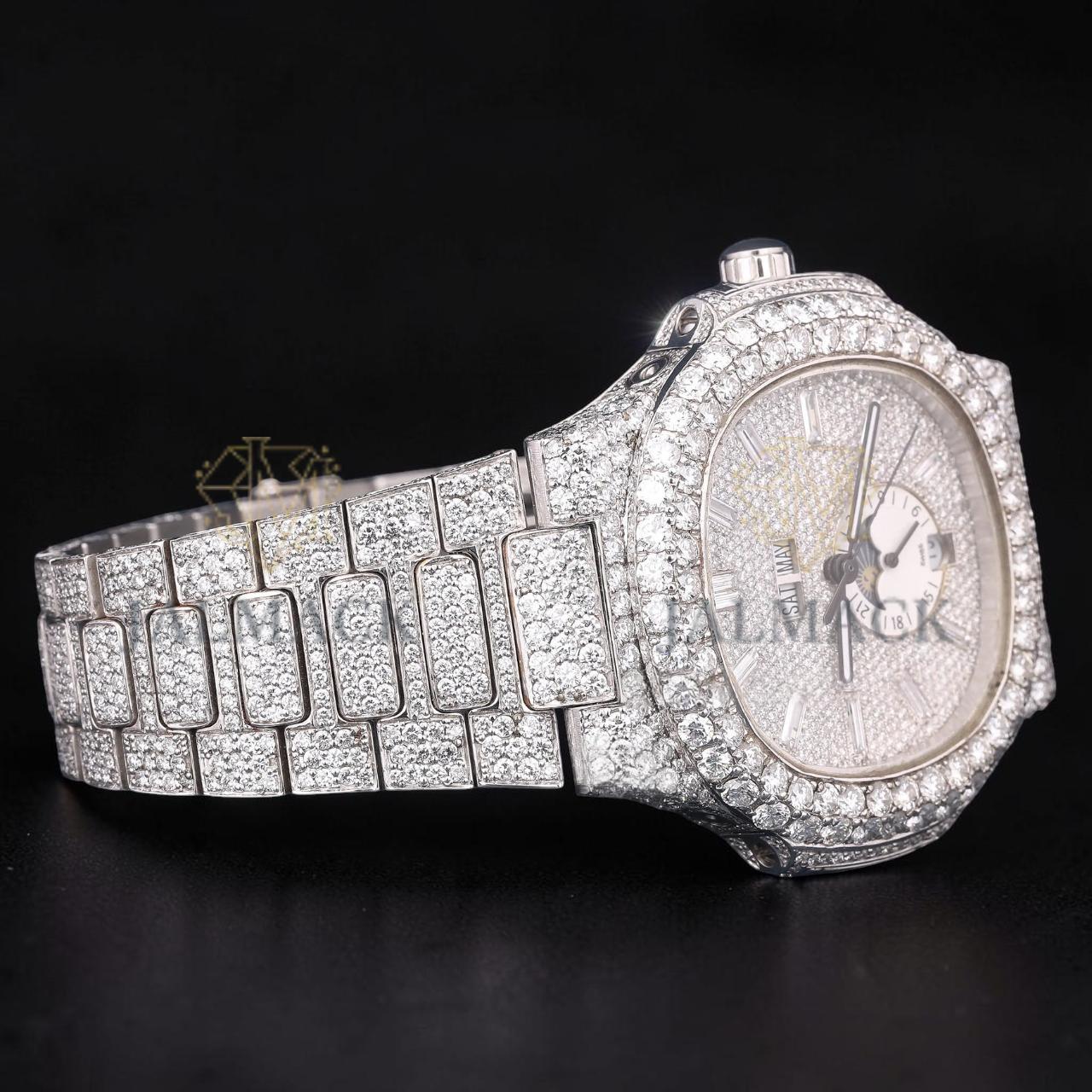 Luxury Silver Baguette Moissanite Moonphase Automatic Watch