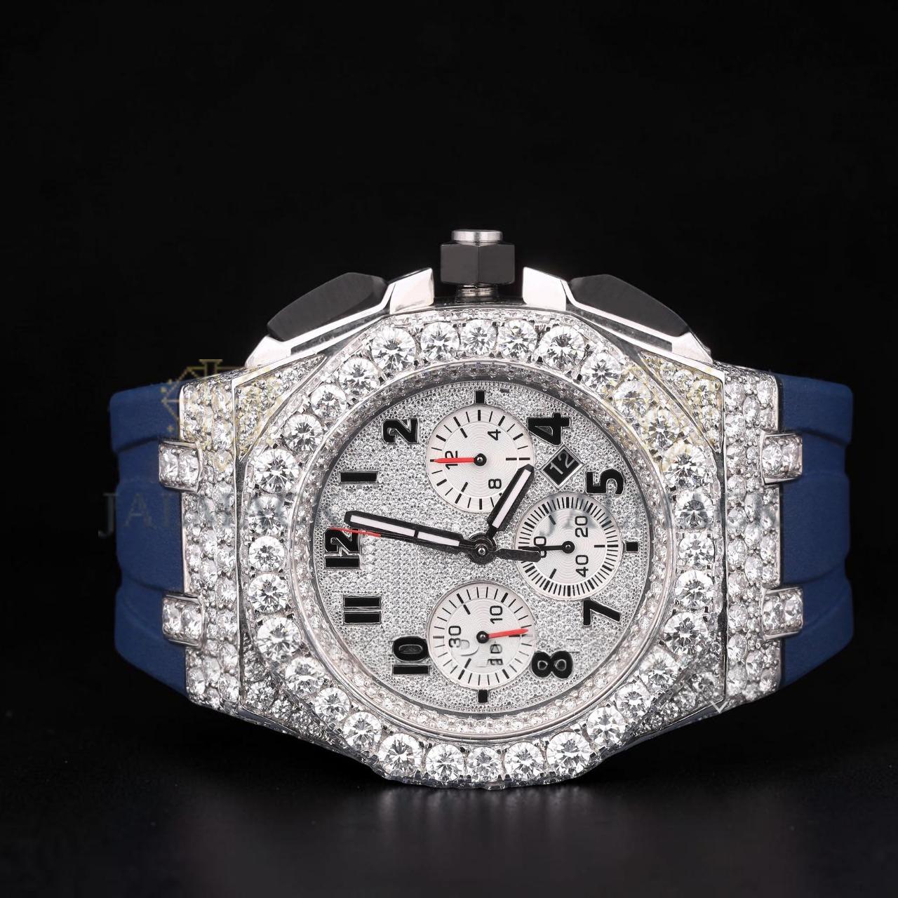 Luxury Silver Moissanite VVS1 D Color Fully Iced Out Blue Rubber Strap