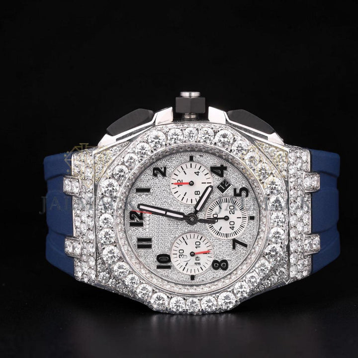 Luxury Silver Moissanite VVS1 D Color Fully Iced Out Blue Rubber Strap