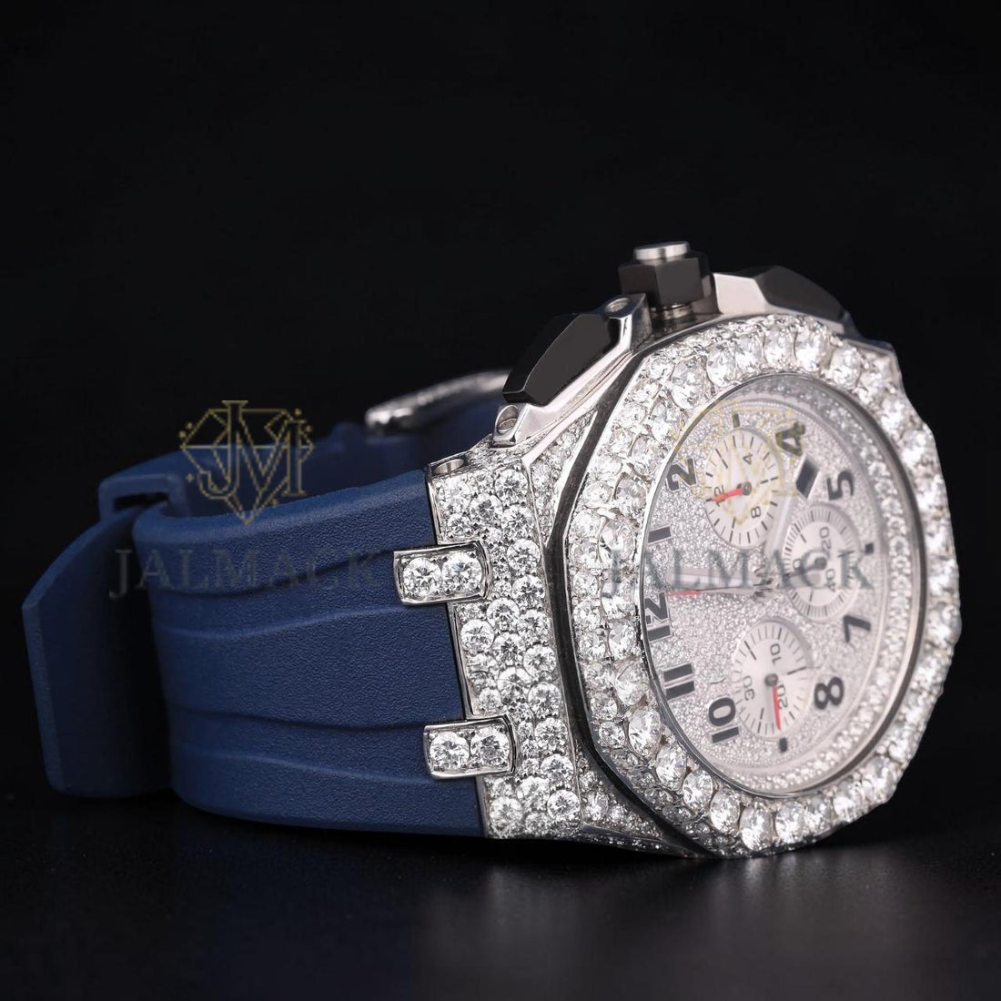 Luxury Silver Moissanite VVS1 D Color Fully Iced Out Blue Rubber Strap