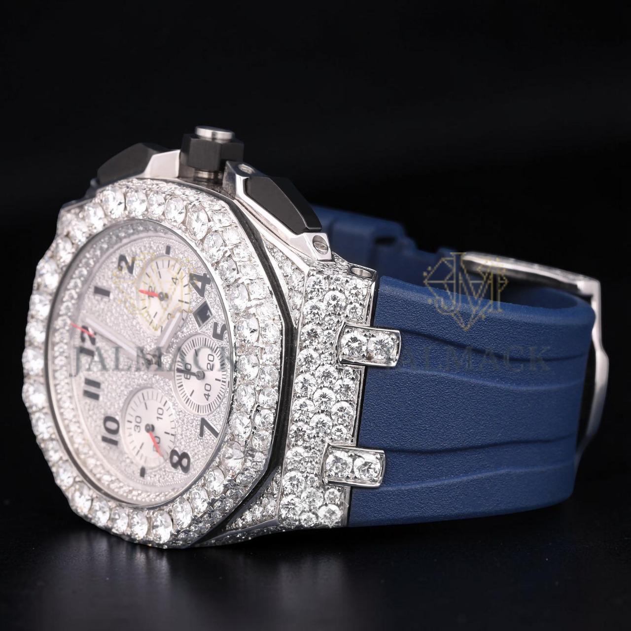 Luxury Silver Moissanite VVS1 D Color Fully Iced Out Blue Rubber Strap
