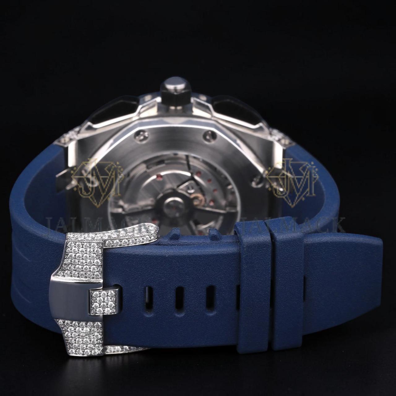 Luxury Silver Moissanite VVS1 D Color Fully Iced Out Blue Rubber Strap
