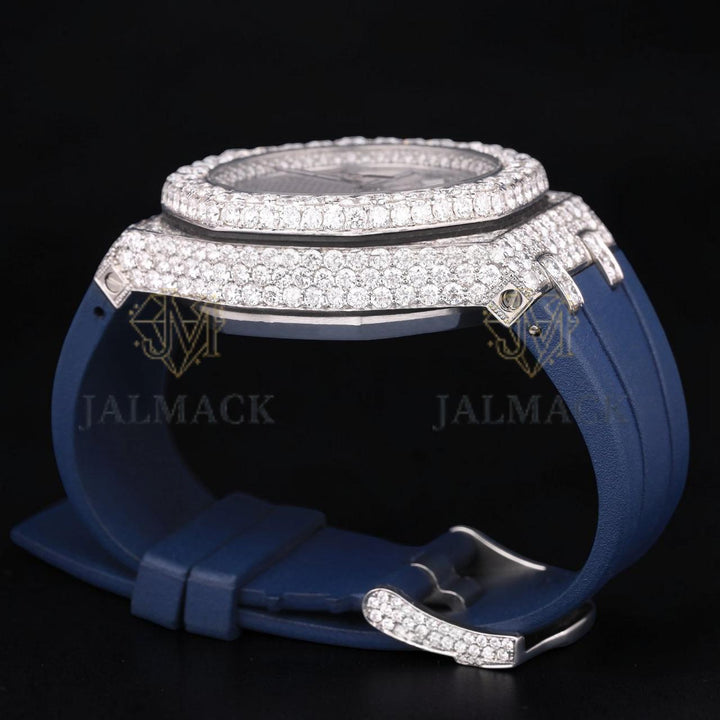 Luxury Silver Moissanite VVS1 D Color Fully Iced Out Blue Rubber Strap
