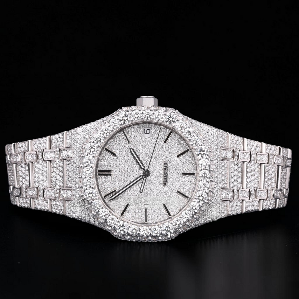 Silver Moissanite Automatic Watch VVS1 D Color Fully Iced Out
