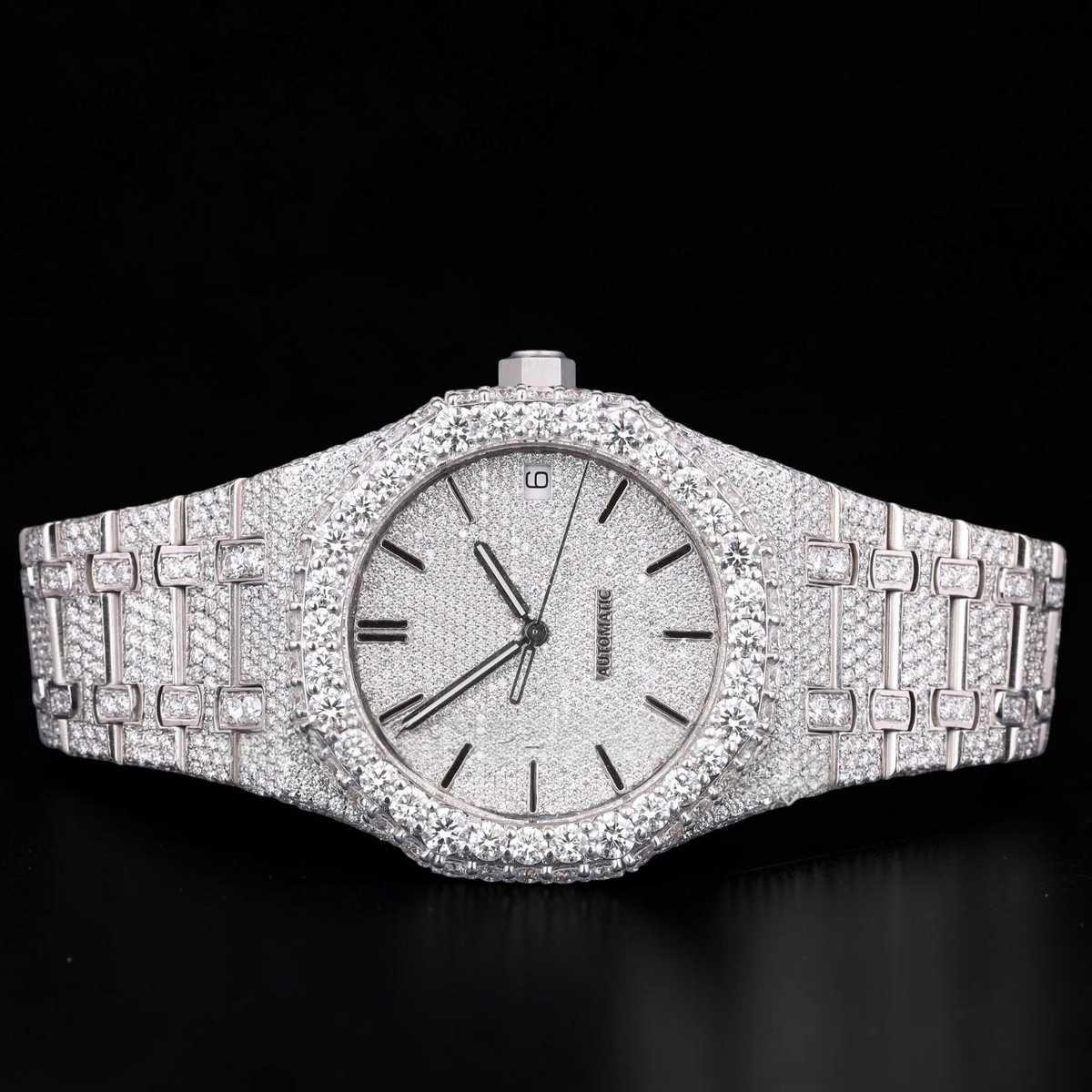 Silver Moissanite Automatic Watch VVS1 D Color Fully Iced Out