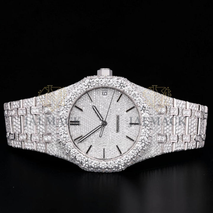 Silver Moissanite Automatic Watch VVS1 D Color Fully Iced Out