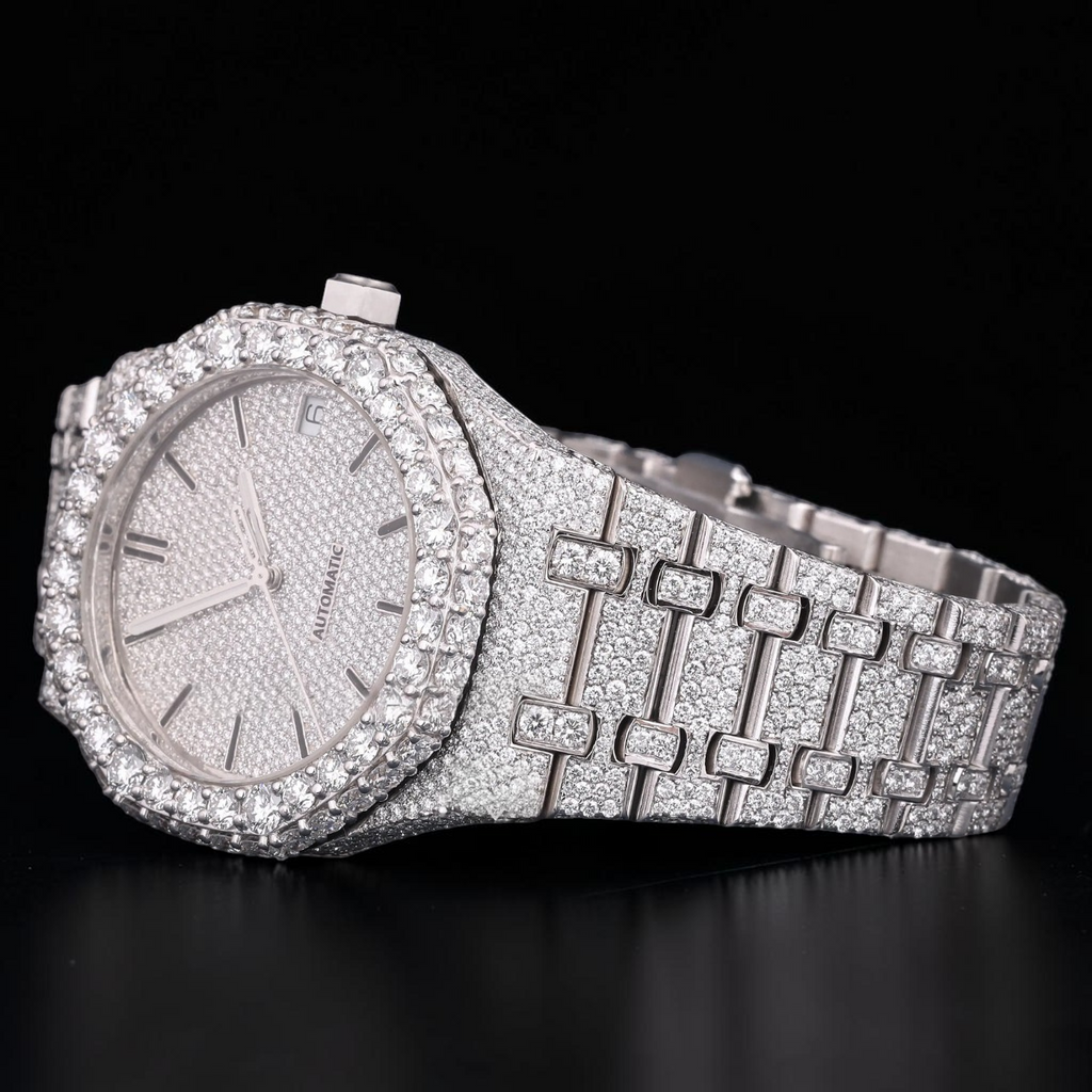 Silver Moissanite Automatic Watch VVS1 D Color Fully Iced Out