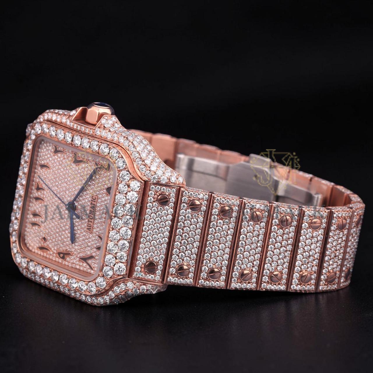 Luxury Rose Gold Arabic Moissanite Automatic Date Watch VVS1 D Color Fully Iced Out