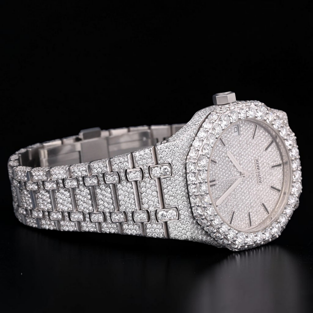 Silver Moissanite Automatic Watch VVS1 D Color Fully Iced Out