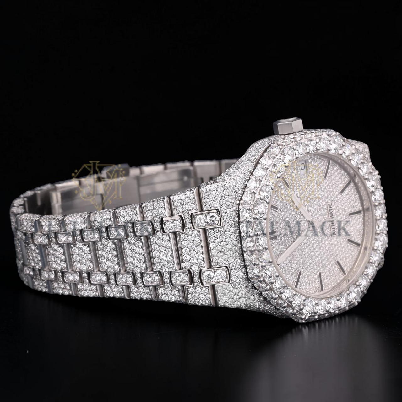 Silver Moissanite Automatic Watch VVS1 D Color Fully Iced Out