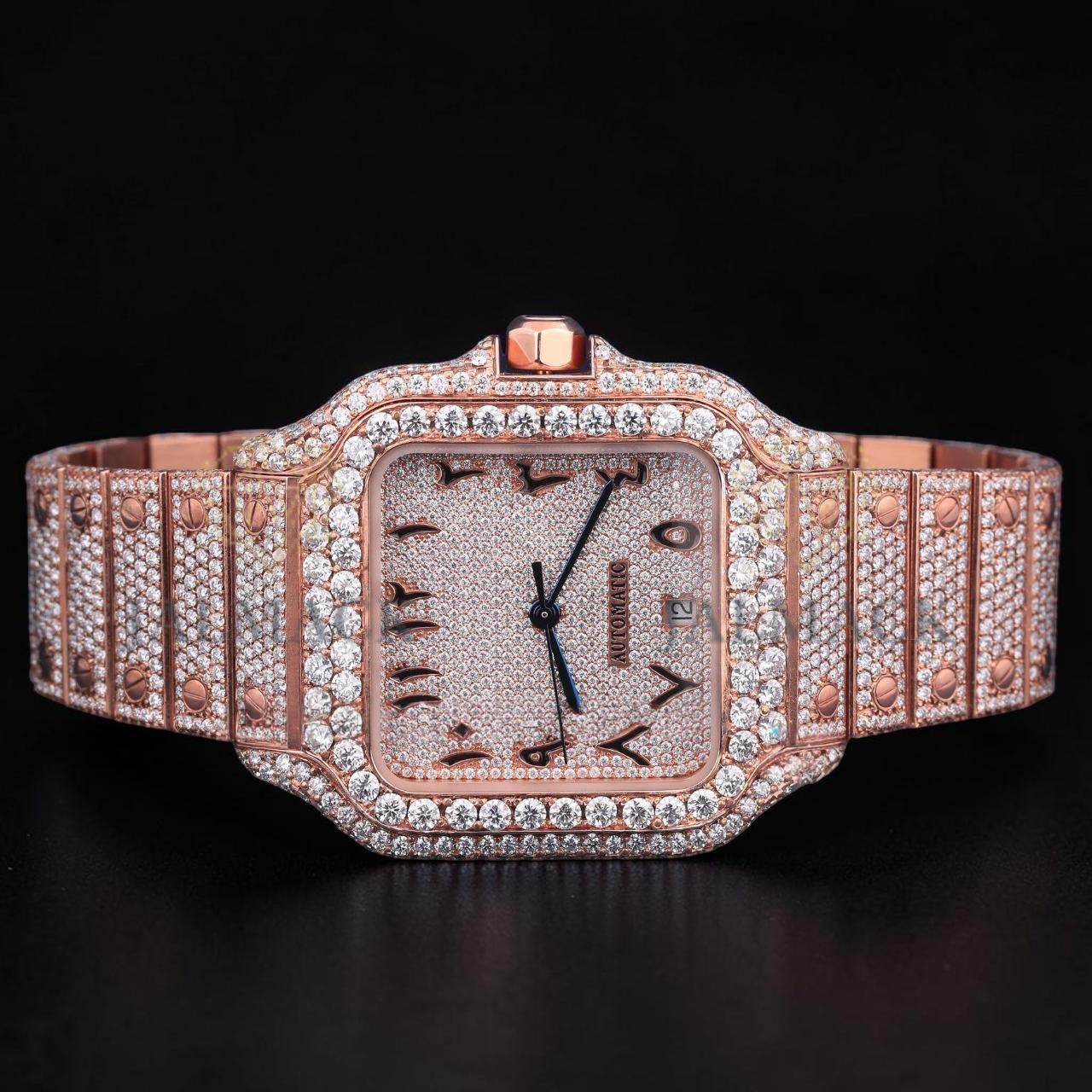 Luxury Rose Gold Arabic Moissanite Automatic Date Watch VVS1 D Color Fully Iced Out