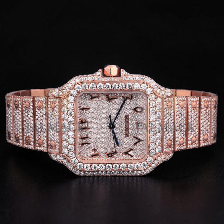 Luxury Rose Gold Arabic Moissanite Automatic Date Watch VVS1 D Color Fully Iced Out