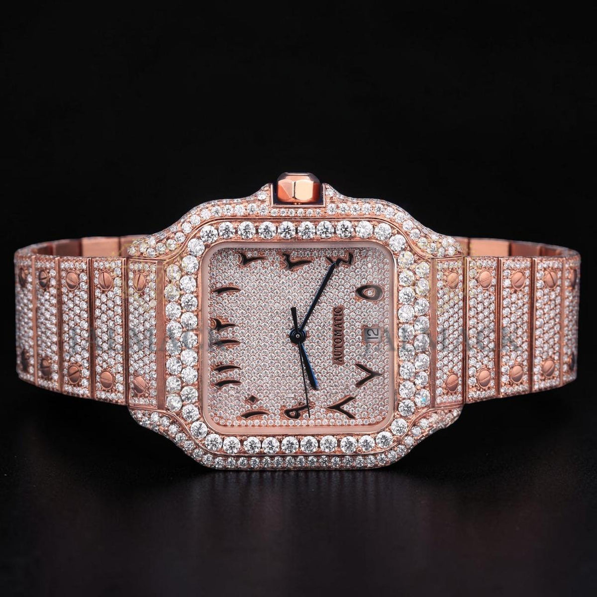 Luxury Rose Gold Arabic Moissanite Automatic Date Watch VVS1 D Color Fully Iced Out