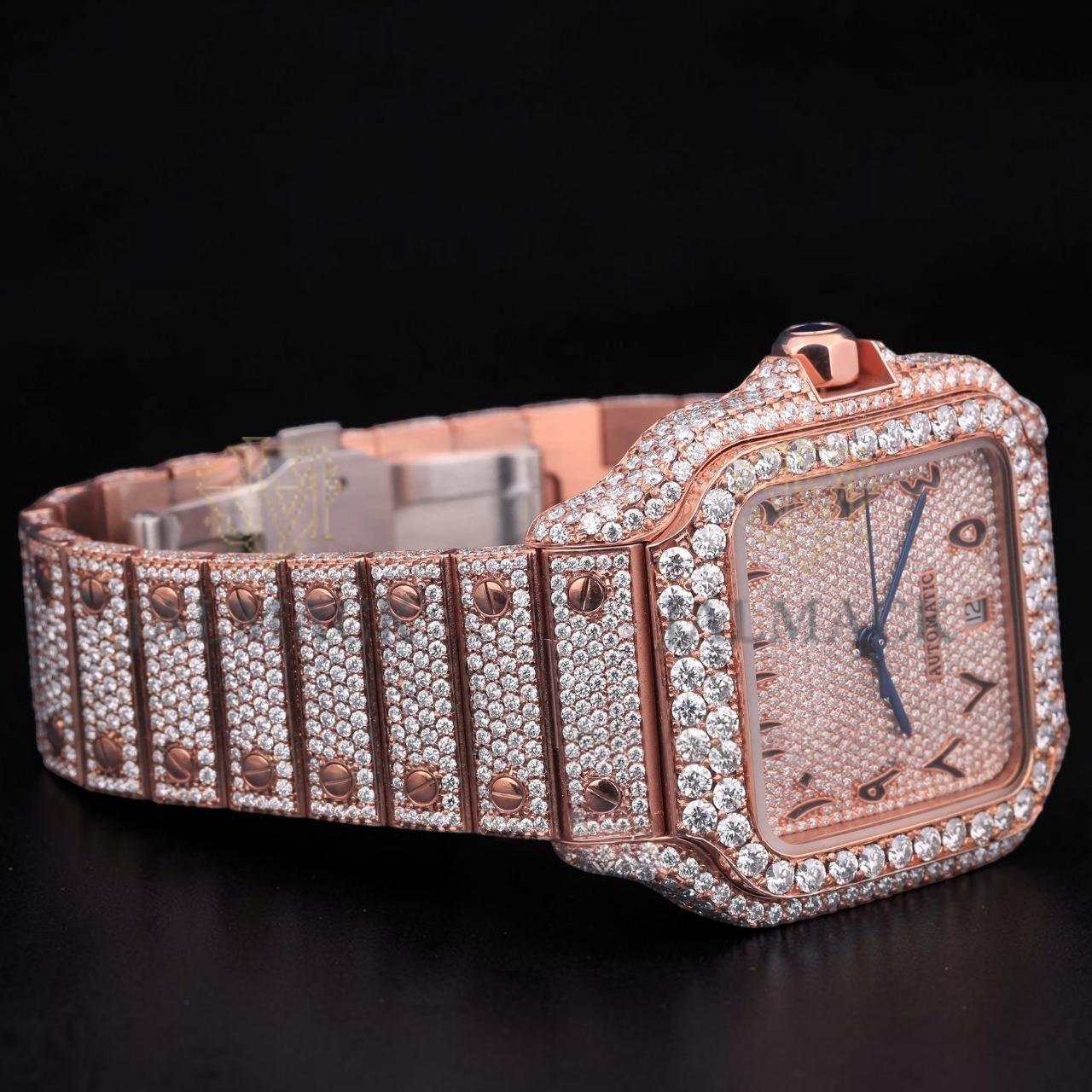 Luxury Rose Gold Arabic Moissanite Automatic Date Watch VVS1 D Color Fully Iced Out