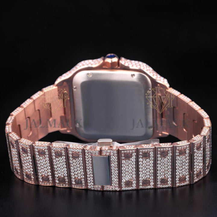 Luxury Rose Gold Arabic Moissanite Automatic Date Watch VVS1 D Color Fully Iced Out