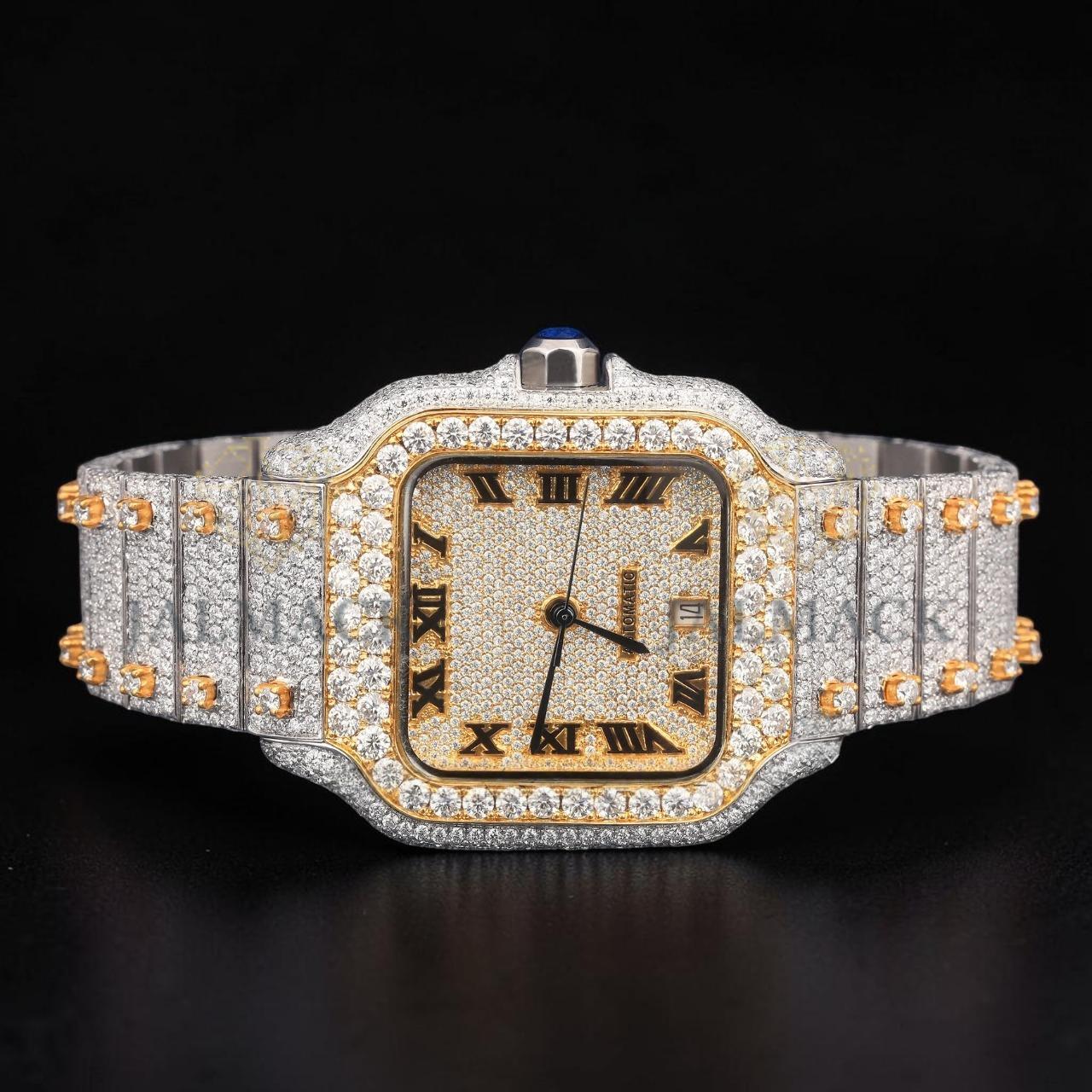 Luxury Two-Tone Roman Moissanite Automatic Date Watch VVS1 D Color Fully Iced Out