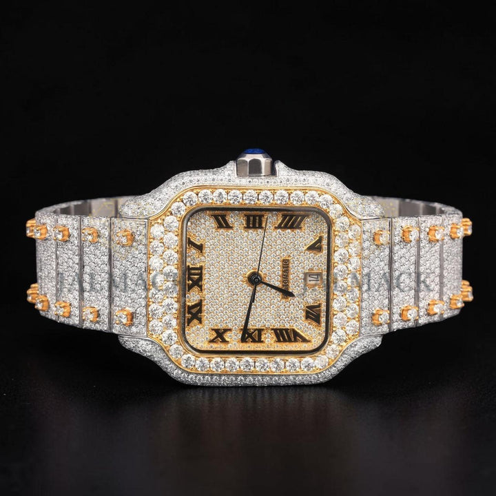 Luxury Two-Tone Roman Moissanite Automatic Date Watch VVS1 D Color Fully Iced Out