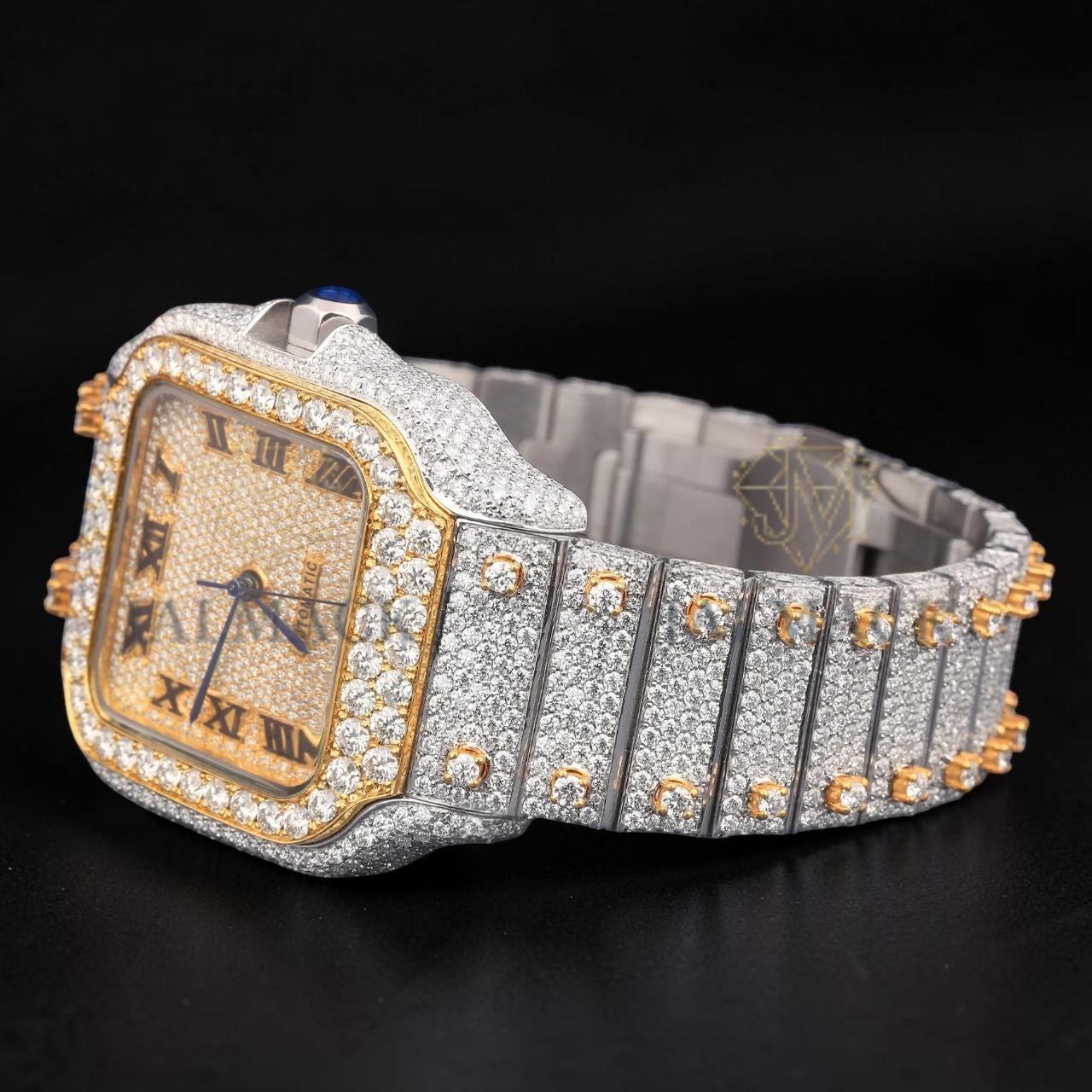 Luxury Two-Tone Roman Moissanite Automatic Date Watch VVS1 D Color Fully Iced Out