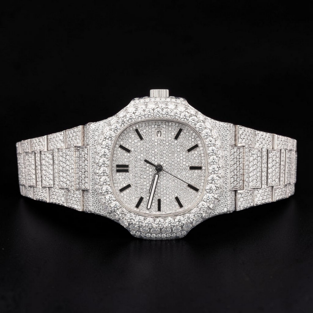 Luxury Silver Moissanite Automatic Date Watch VVS1 D Color Fully Iced Out