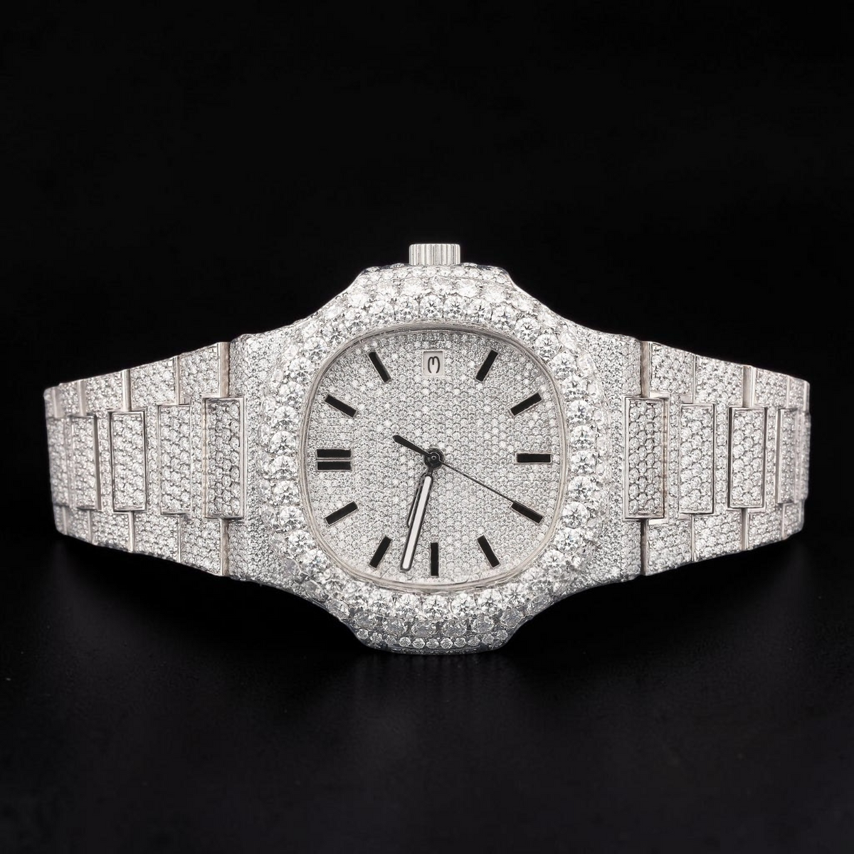 Luxury Silver Moissanite Automatic Date Watch VVS1 D Color Fully Iced Out