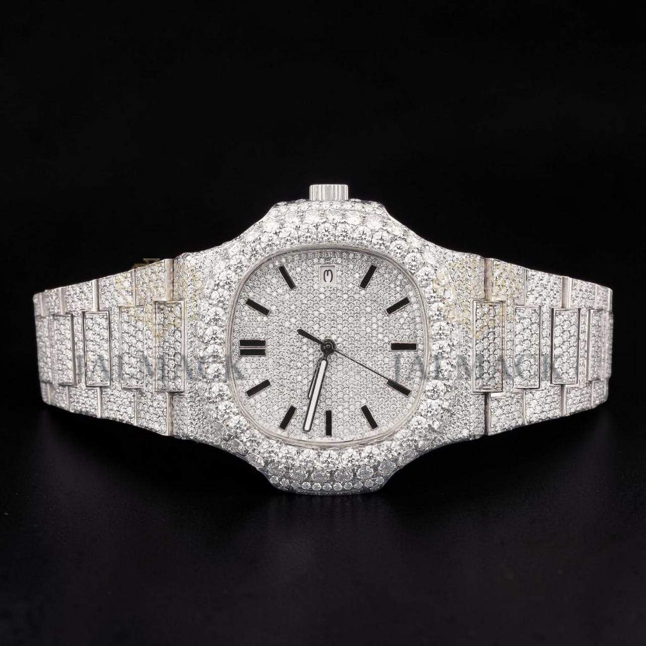 Luxury Silver Moissanite Automatic Date Watch VVS1 D Color Fully Iced Out