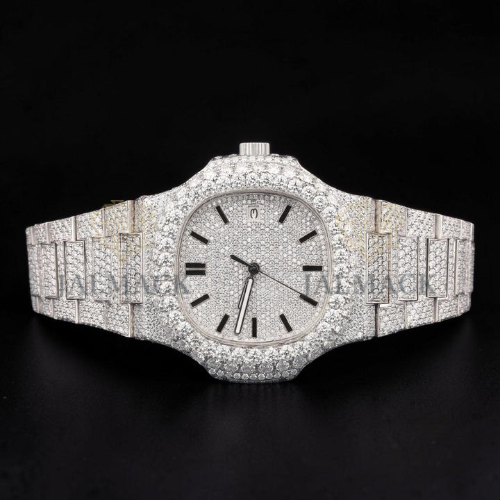 Luxury Silver Moissanite Automatic Date Watch VVS1 D Color Fully Iced Out
