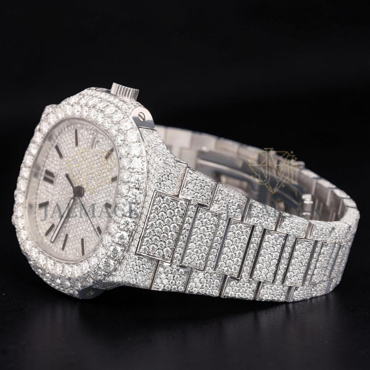 Luxury Silver Moissanite Automatic Date Watch VVS1 D Color Fully Iced Out