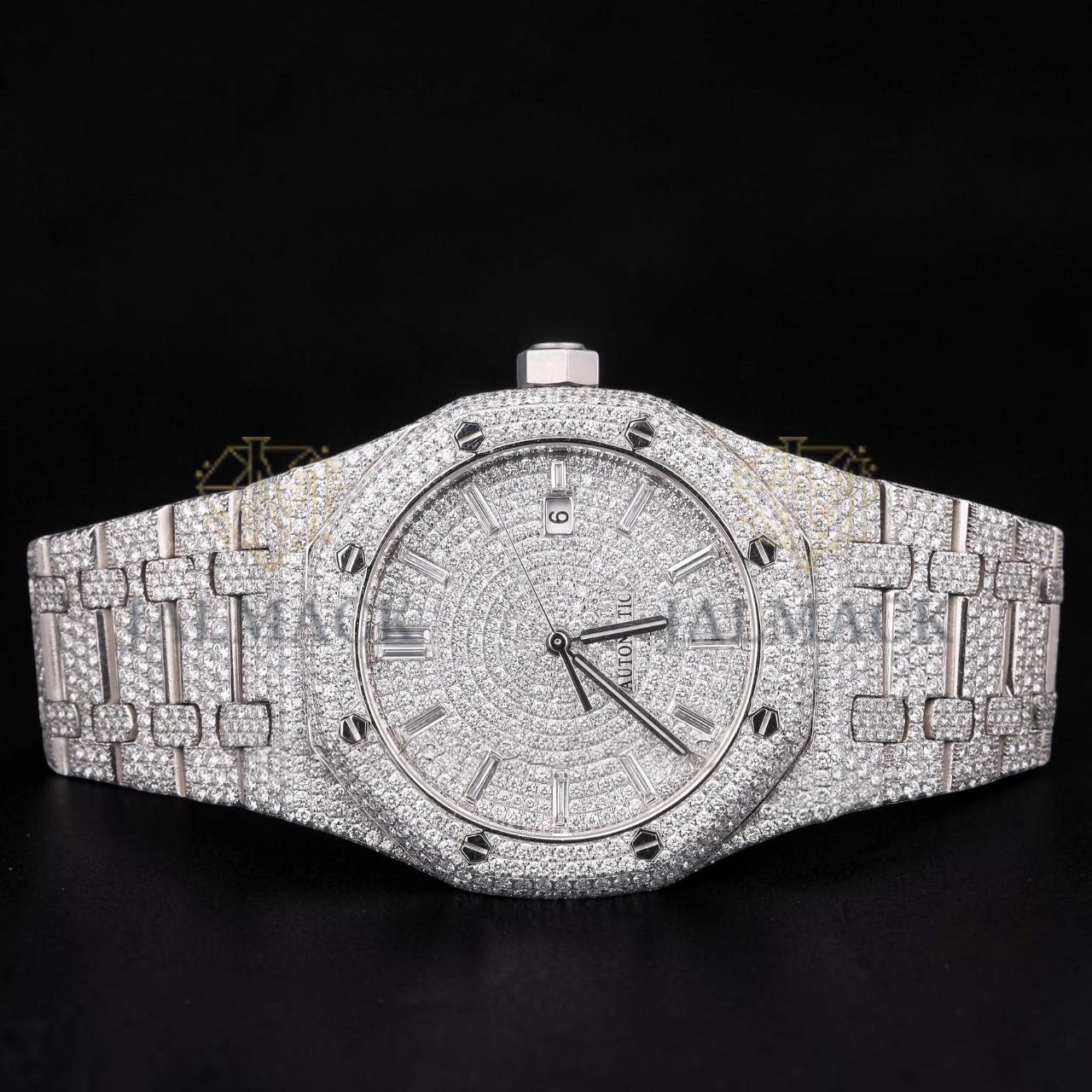 Luxury Silver Baguette Moissanite Automatic Date Watch