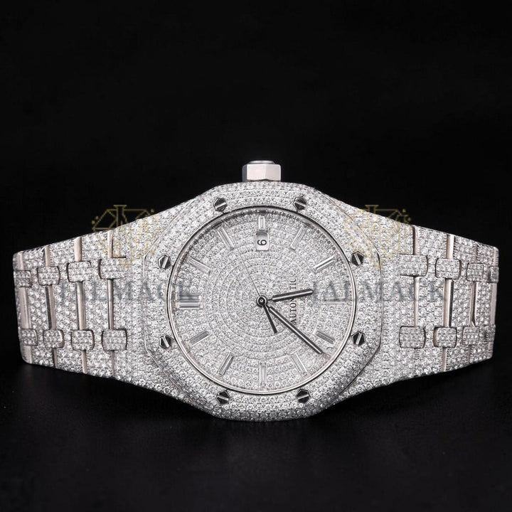 Luxury Silver Baguette Moissanite Automatic Date Watch