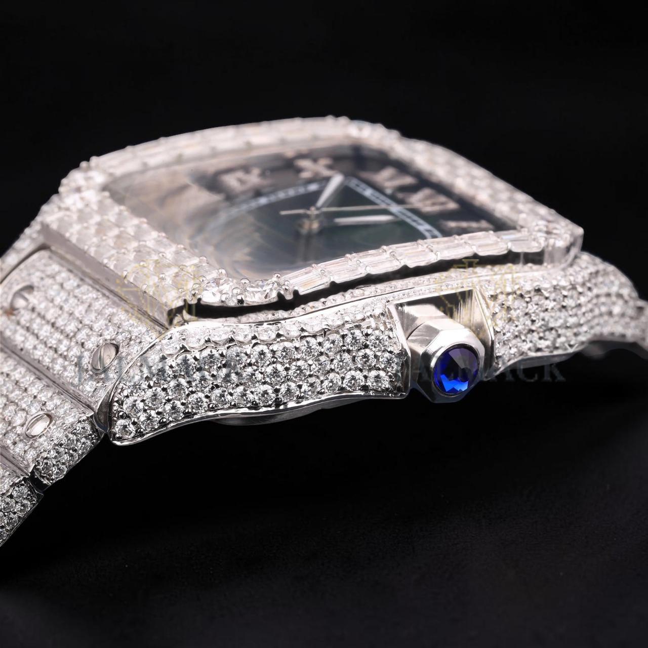 Luxury Silver Green Dial Baguette Moissanite Automatic Watch
