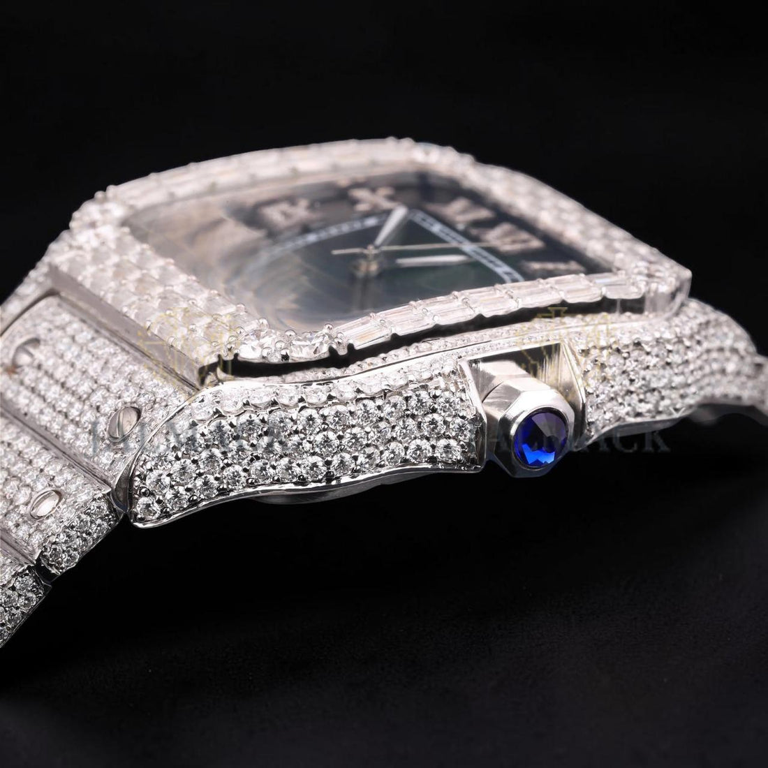 Luxury Silver Green Dial Baguette Moissanite Automatic Watch