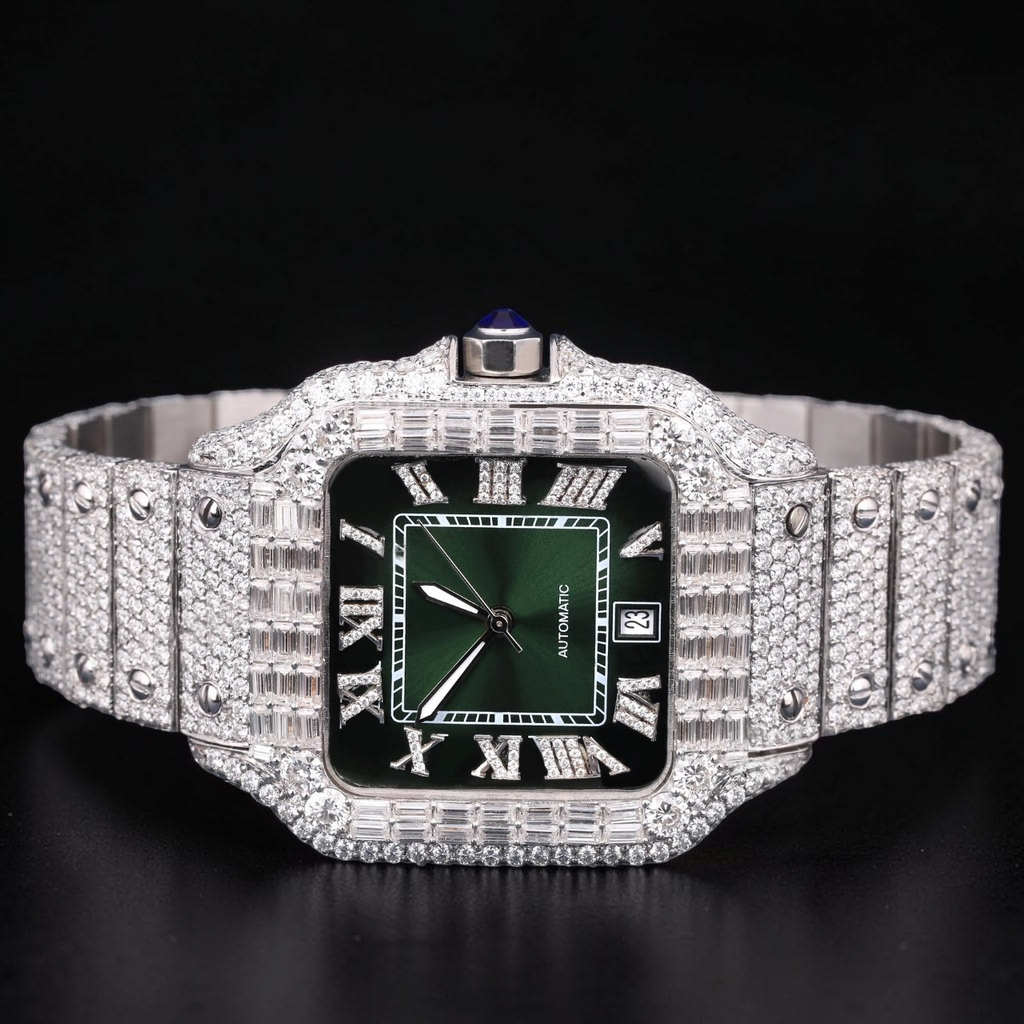 Luxury Silver Green Dial Baguette Moissanite Automatic Watch
