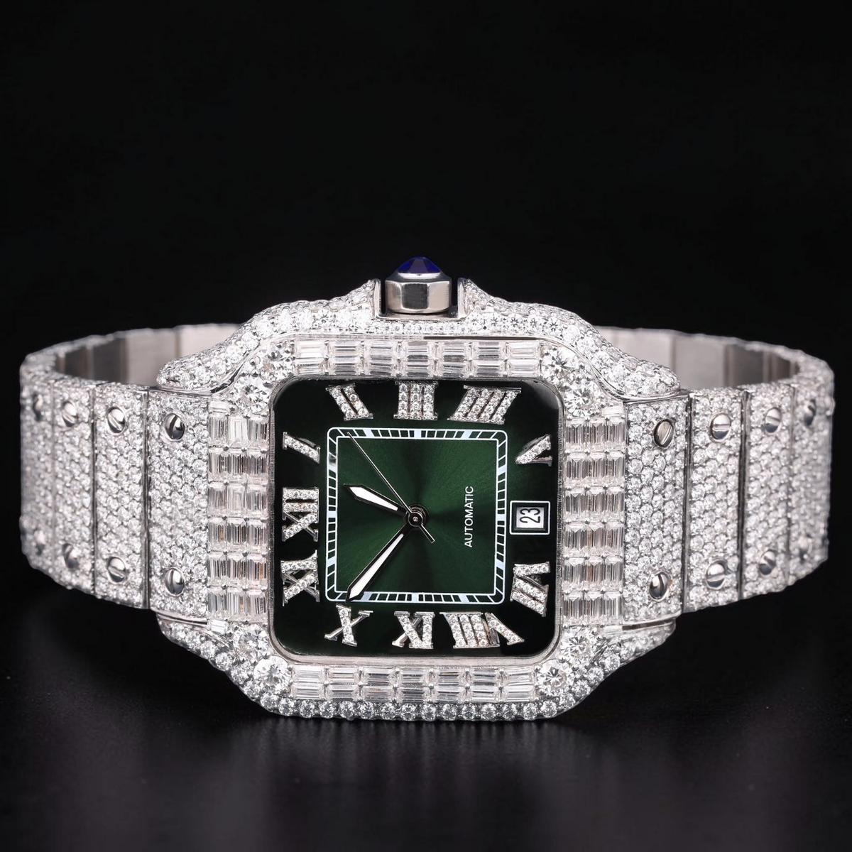 Luxury Silver Green Dial Baguette Moissanite Automatic Watch