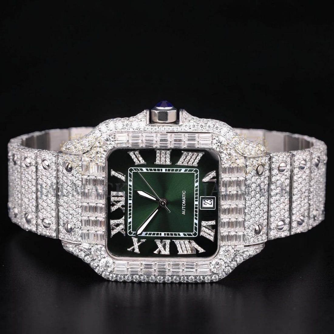 Luxury Silver Green Dial Baguette Moissanite Automatic Watch