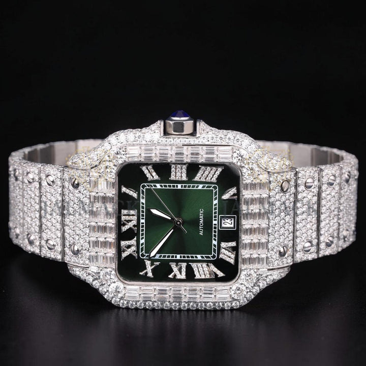 Luxury Silver Green Dial Baguette Moissanite Automatic Watch