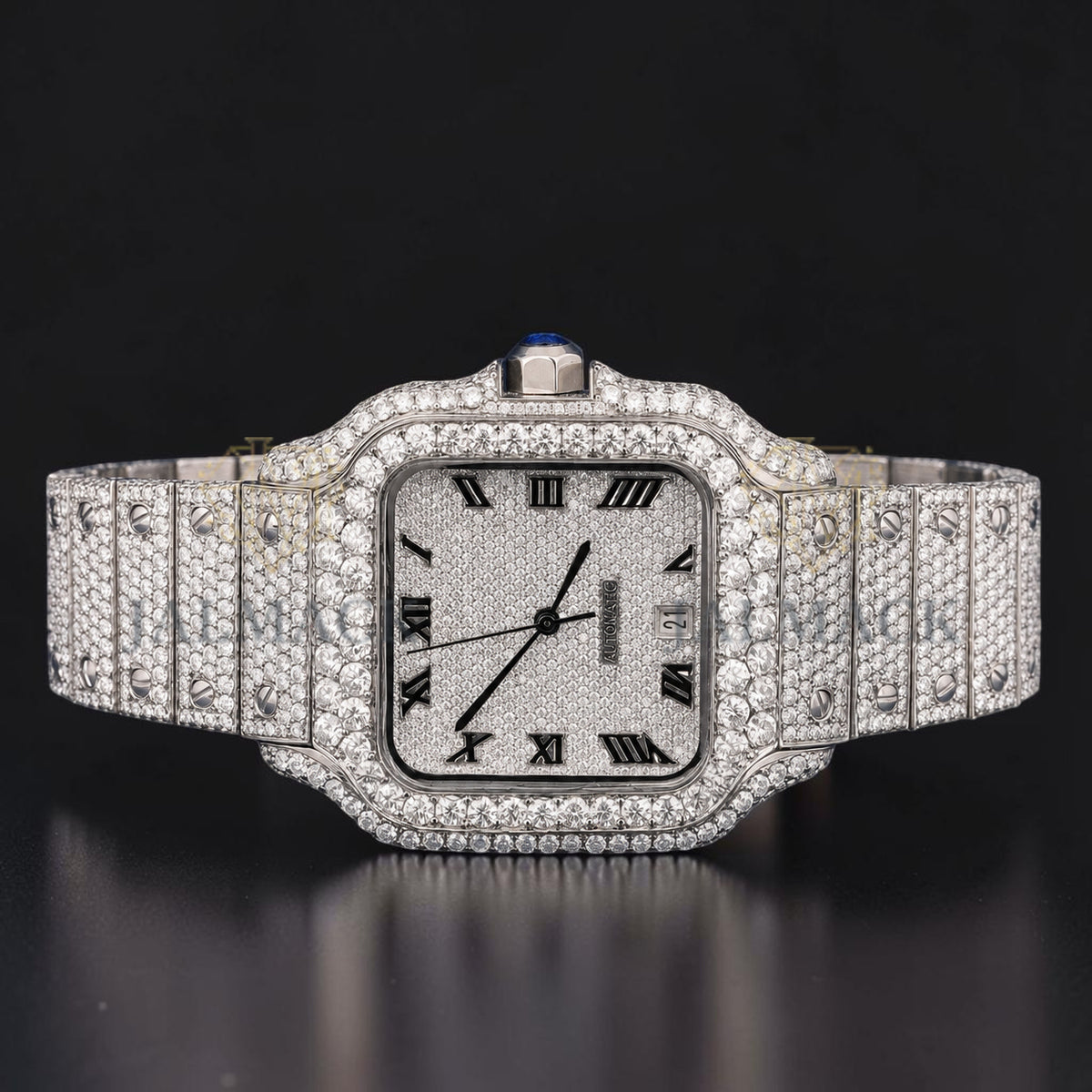 Round Brilliant Black Roman Square Moissanite Watch