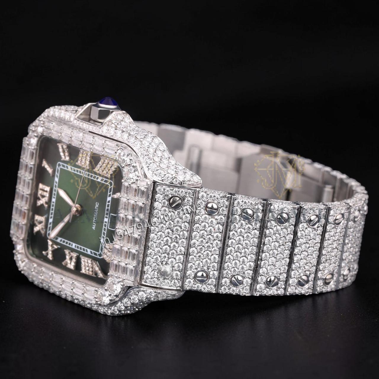 Luxury Silver Green Dial Baguette Moissanite Automatic Watch
