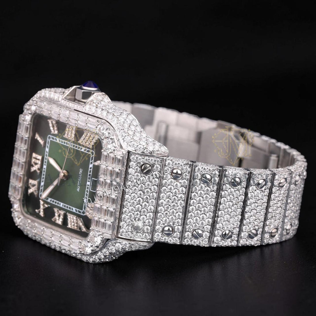 Luxury Silver Green Dial Baguette Moissanite Automatic Watch