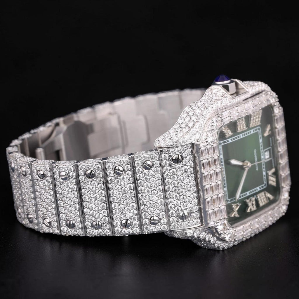 Luxury Silver Green Dial Baguette Moissanite Automatic Watch