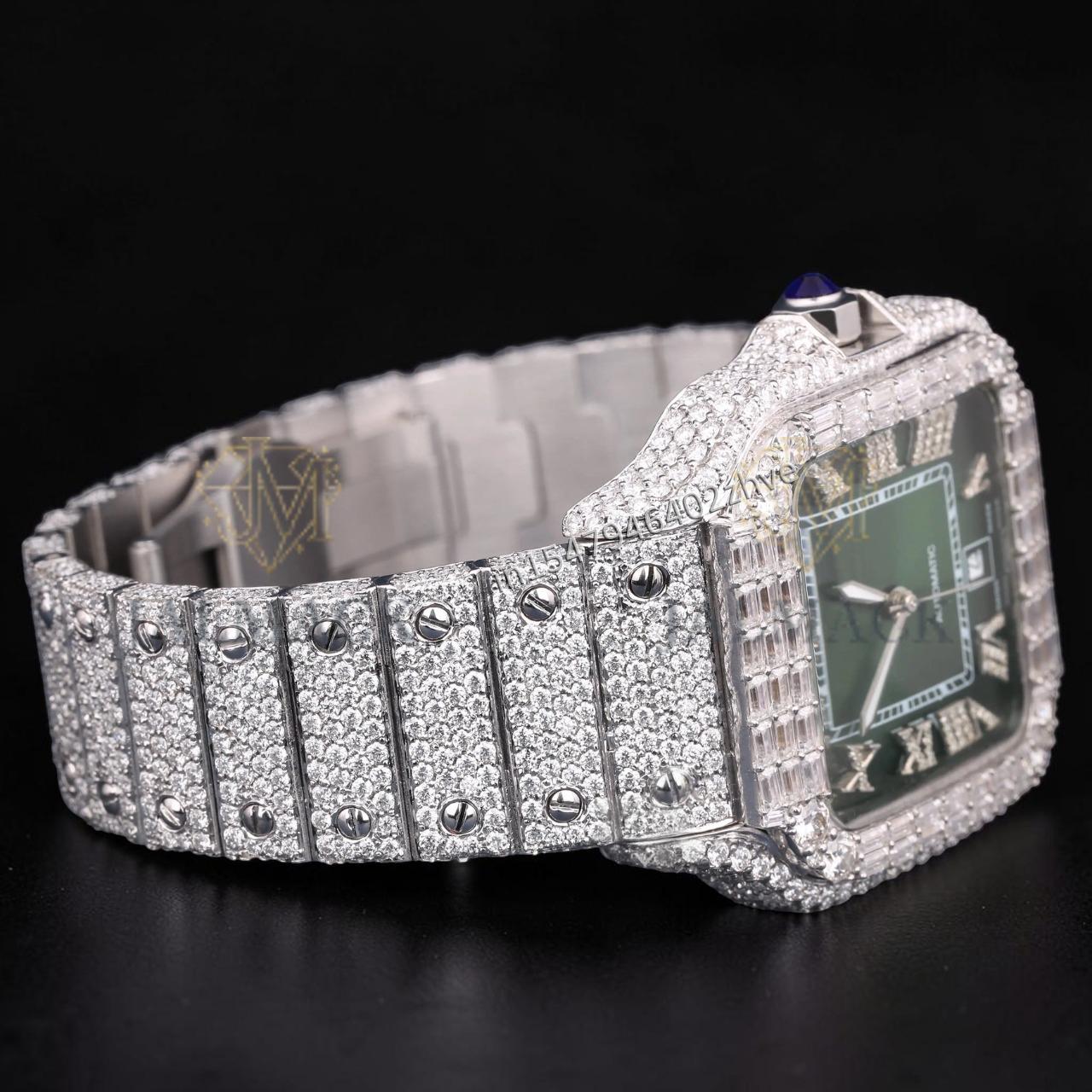 Luxury Silver Green Dial Baguette Moissanite Automatic Watch