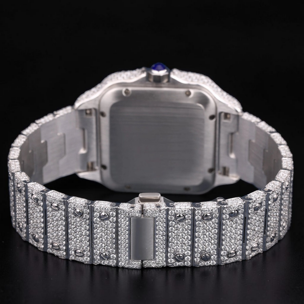 Luxury Silver Green Dial Baguette Moissanite Automatic Watch